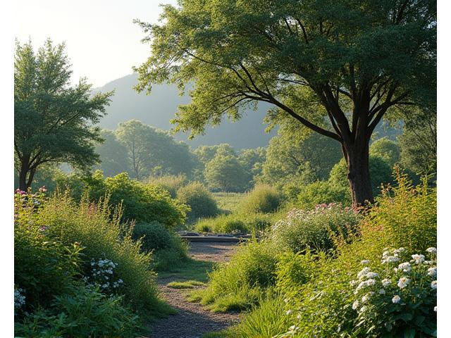 Layered garden showing canopy, understory, herbaceous, and groundcover layers with diverse plants and subtle signs of wildlife.