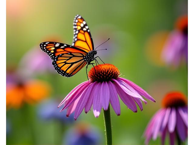 Monarch butterfly on a vibrant coneflower, showcasing a pollinator garden.