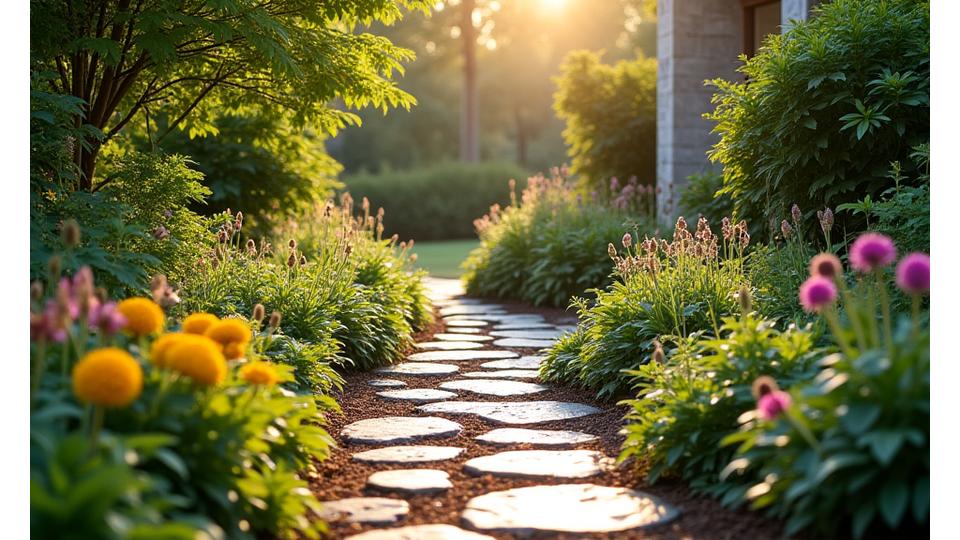 Lush, custom-designed garden space with a flowing flagstone path and vibrant native plants in Charlotte, NC.
