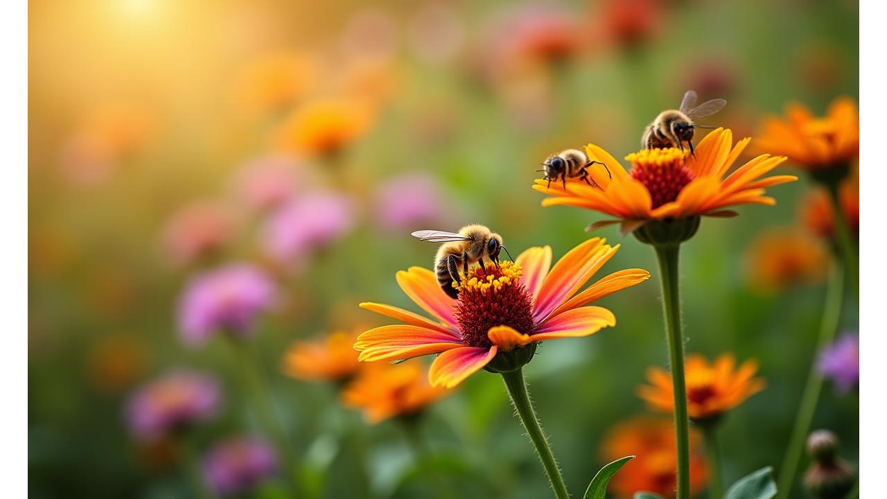 Vibrant garden buzzing with bees, butterflies, and hummingbirds, showcasing diverse native flora specifically chosen for pollinators in Charlotte's Piedmont region.