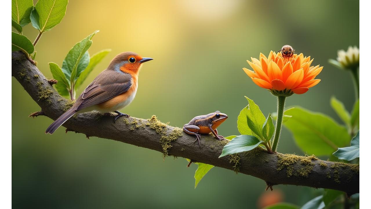 A variety of wildlife, including a songbird, a bee on a flower, and a small butterfly, coexisting harmoniously in a diverse, lush garden setting.