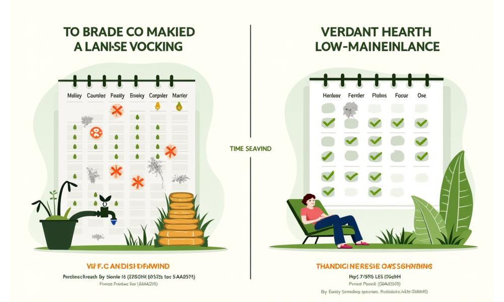 Infographic showing significant time and cost savings with low-maintenance landscaping compared to traditional methods.