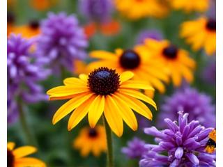 Vibrant, colorful flowers like coneflowers and black-eyed Susans in a garden bed, attracting butterflies.
